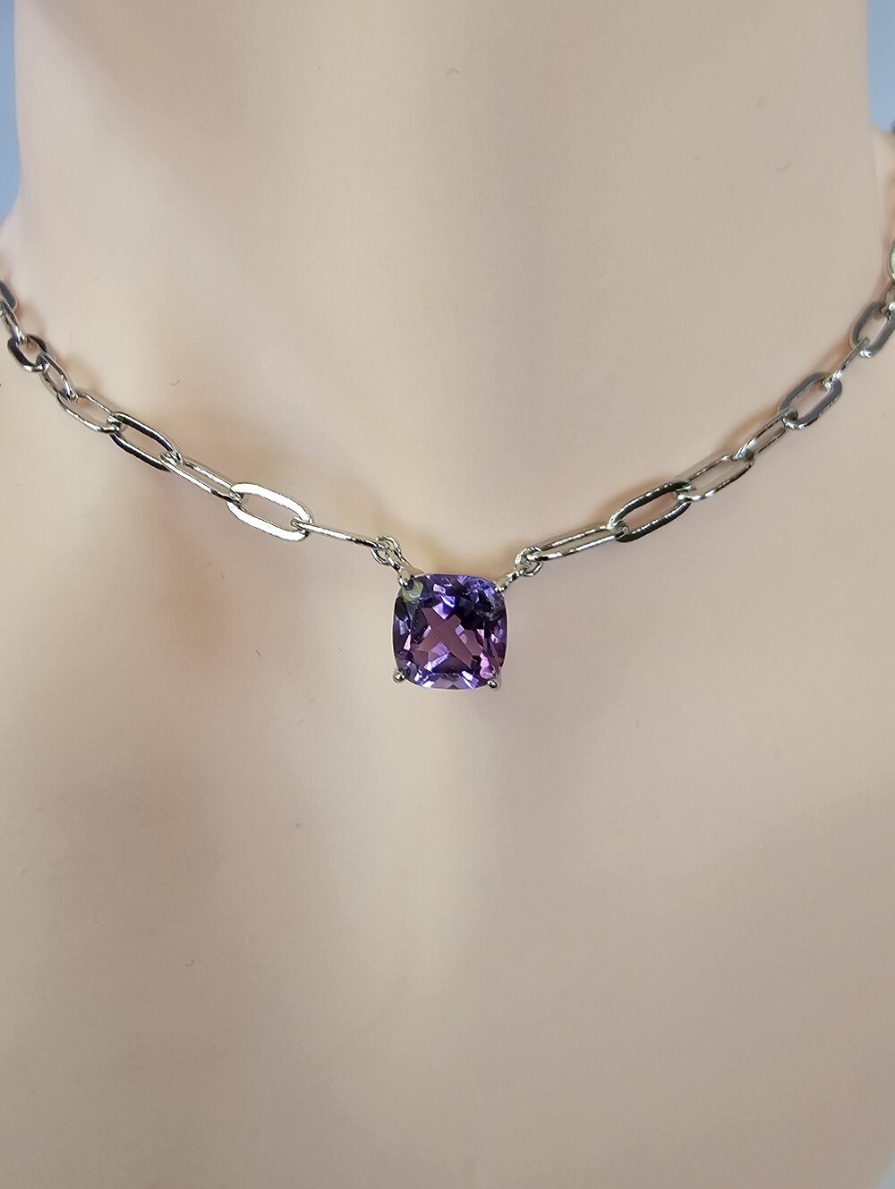 Stunning Natural Amethyst Paper Clip Style Sterling Silver Necklace 18-20"